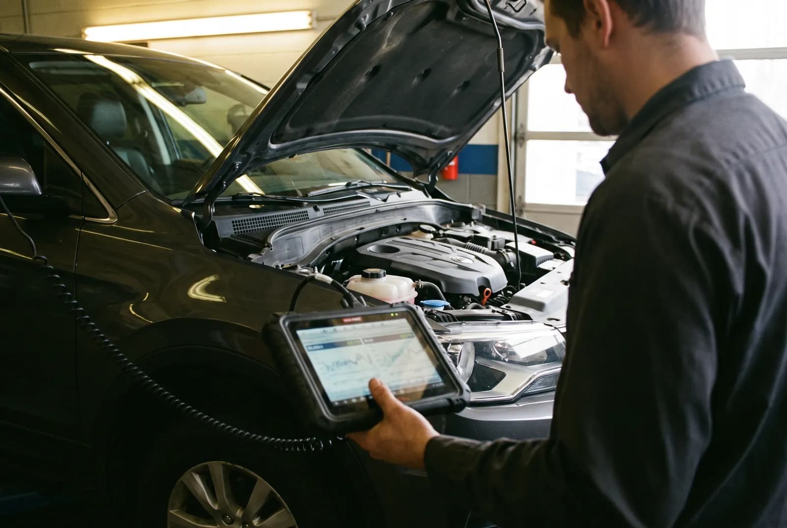 Mechaniker liest mit einem Diagnose­gerät die Fahrzeug­elektronik am geöffneten Motorraum aus.