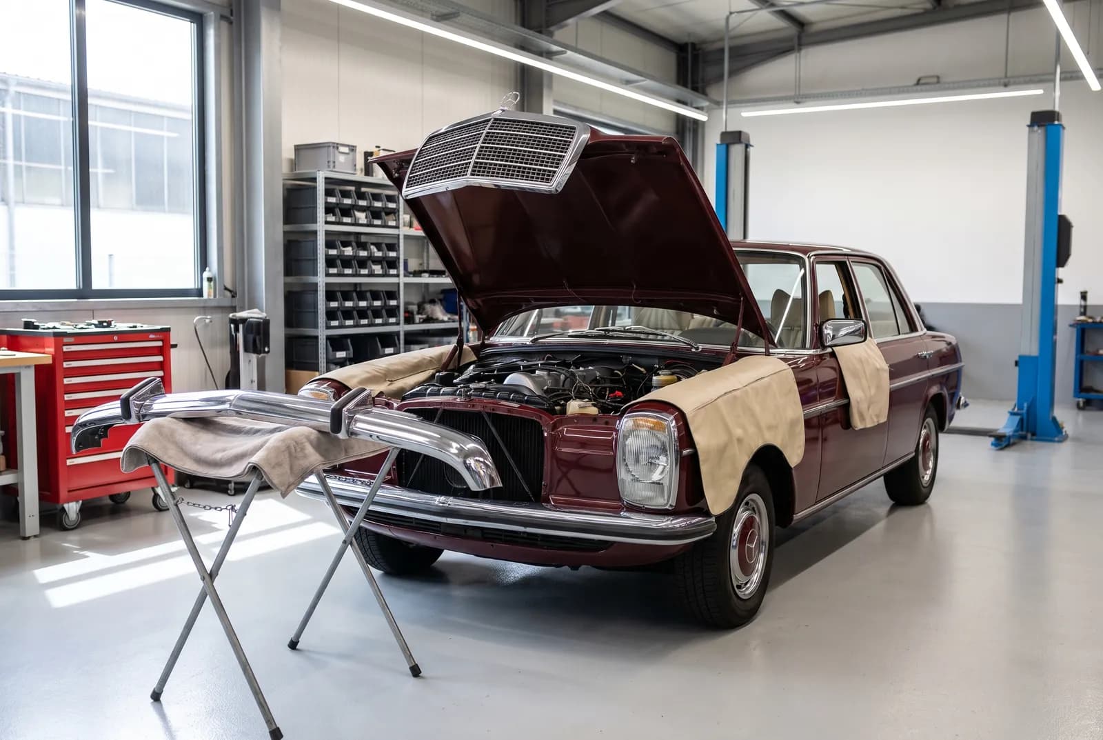 Klassische Limousine mit geöffneter Motorhaube in der Werkstatt; die verchromte Stoßstange liegt daneben auf einem Bock.