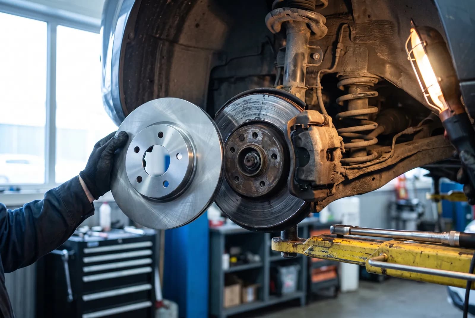 Bremsscheibe und Bremssattel an einem angehobenen Fahrzeug, daneben eine neue Scheibe zum Vergleich.