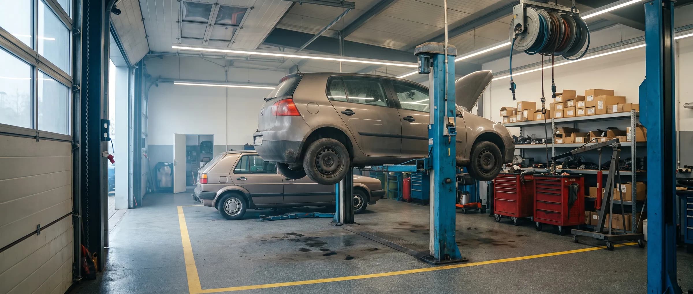 Blick in die Werkstatthalle: ein Fahrzeug auf der Hebebühne, daneben ein zweiter Wagen und das Werkzeuglager.